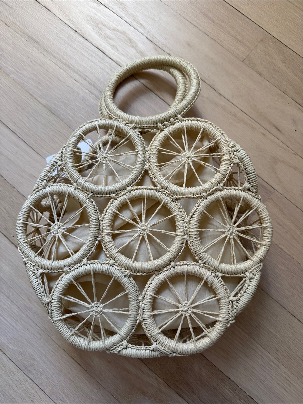 Handwoven Round Straw Tote Bag in Natural